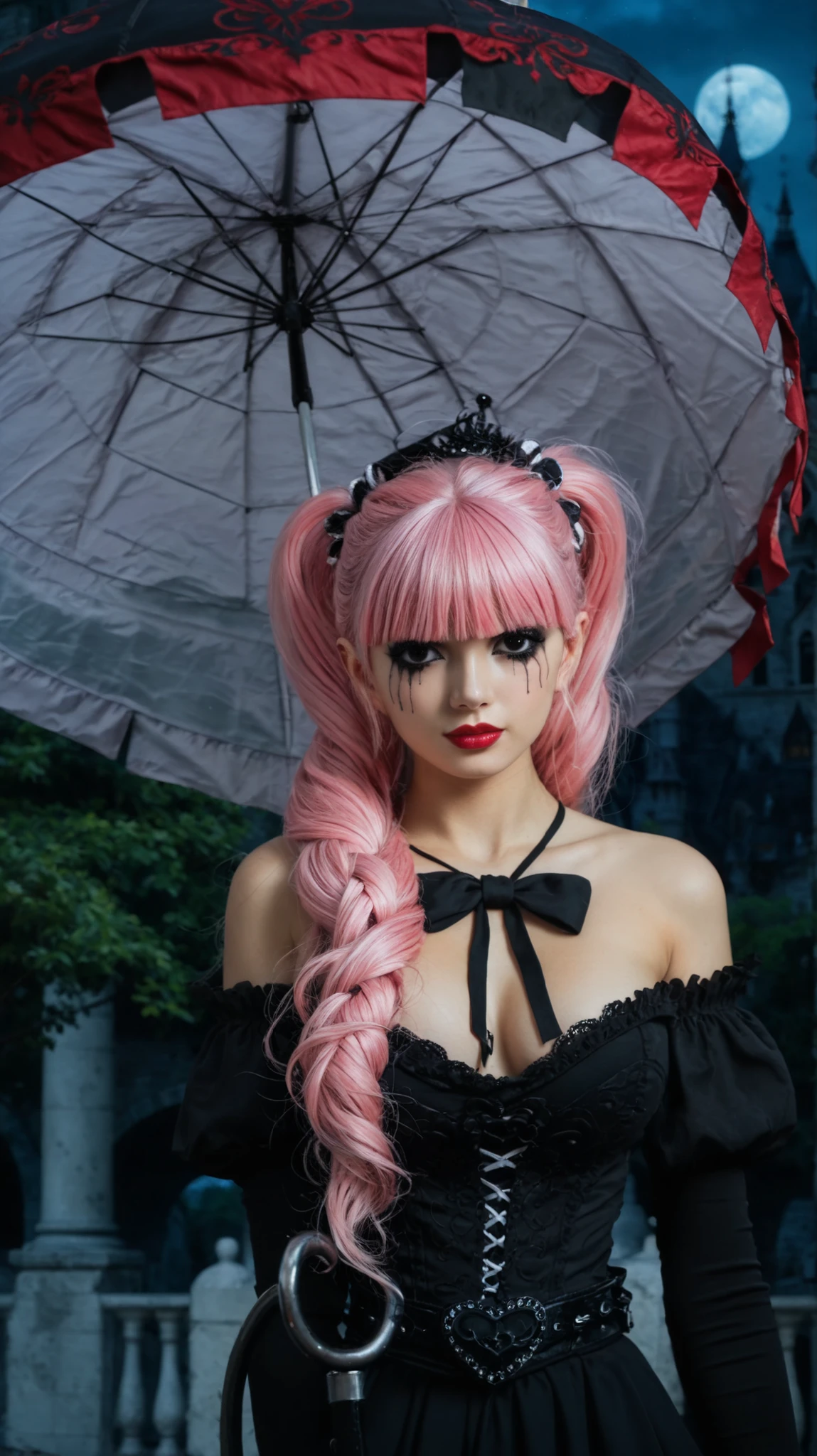 Girl, alone, realistic style, fantasy anime fashion, slim build, very long pink hair with thick straight bangs combed to one side, soft confident expression, two pigtails, large expressive eyes with long curly eyelashes, gothic makeup with bright red lipstick and subtle eyeliner, black eyes, black eyeliner. Girl, breasts, alone, looking at viewer, braid, bare shoulders, wearing a strapless black dress with vertical white stripes, she is floating slightly in the air, gracefully holding a gothic-style parasol in one hand, a confident and provocative pose, looking directly at the viewer, background a gothic castle, landscape, night, soft cinematic lighting, emulating a Canon EOS R5 with an 85mm f/1.4 lens. Composition according to the rule of thirds. Asian, beautiful (25 years old), toned abdomen, charming, very detailed.