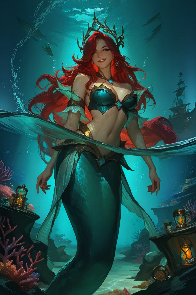 abstract beauty, Ariel (The Little Mermaid), centered, looking at the camera, approaching perfection, dynamic, moonlight, highly detailed, watercolor painting, artstation, concept art, smooth, sharp focus, illustration, art by Carne Griffiths and Wadim Kashin