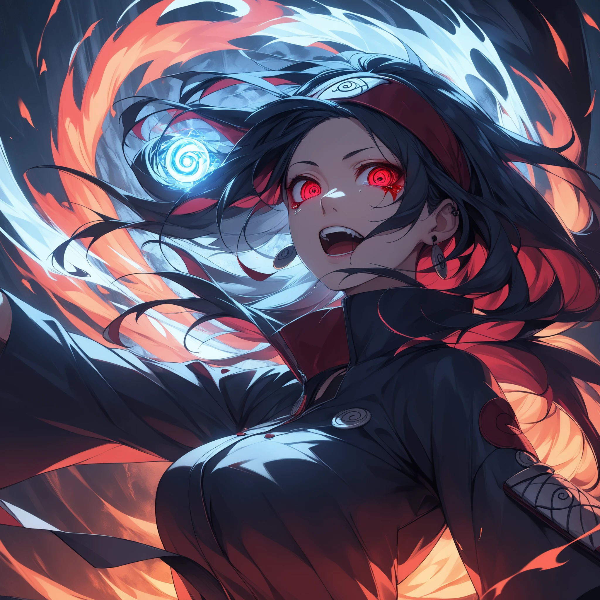 ((extreme quality)), ((Masterpiece)), (( Enrich the picture, Masterpiece level quality)), red hair , Mid-length Layers hair, medium breasts , madara eyes , fierce woman , extreme eyes details, raw 4k, perfect proportions , extreme hair detailed, extreme cloth detailed, extreme detailed , extreme background detailed, ((great effect to highlight the subject)) , ( cinematic lighting , moody , textile shading) , perfect proportions , extreme detailed , volumetric lighting , soft lighting , glossy skin, glossy hair, beautiful face , extreme face details, Detailed facial features , Long eyelashes, Incredible atmosphere, Fascinating setting, dynamic pose, ear rings , naruto theme, Sharingan, blood tears, blood tears from eyes, hips up, konoha headband, crazy laugh, ((rasengan)), hokage cloth, hokage, hokage hat, A vibrant city at night,