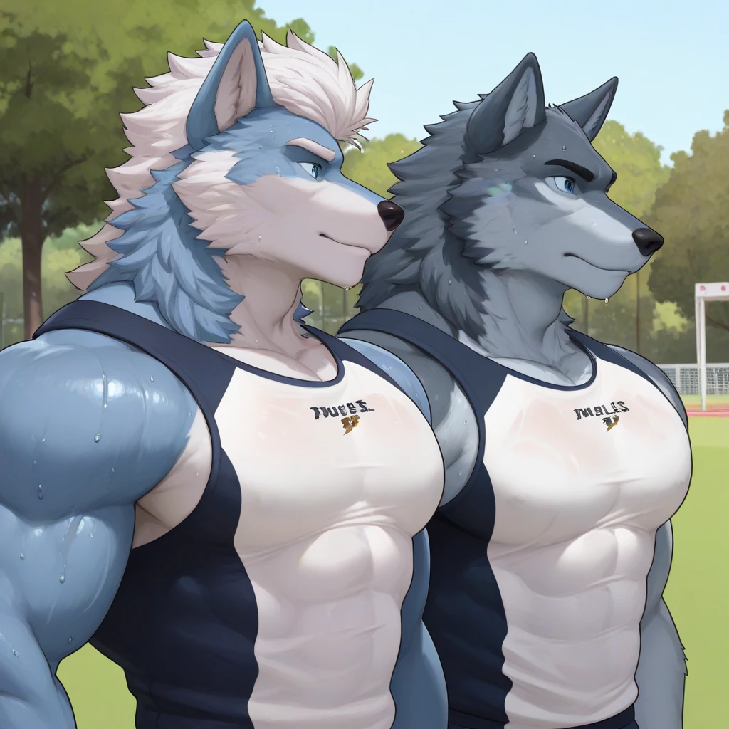 anthro Arcanine, multiple arcanine, characters talking, 4k, high resolution, best quality, posted on e621, (multiple characters:1), anthro body, male, adult, very masculine, (very muscular, heavyweight:1.2), correct anatomy, (locker room background), (by wfa, by chunie:0.8), (by Taran Fiddler:1.0), (detailed eyes:1.2), (watercolors:1.0), (workout clothes, bare chest:1.0), (black stomach, black chest:1.0), (sweat:1.2), characters looking at each other