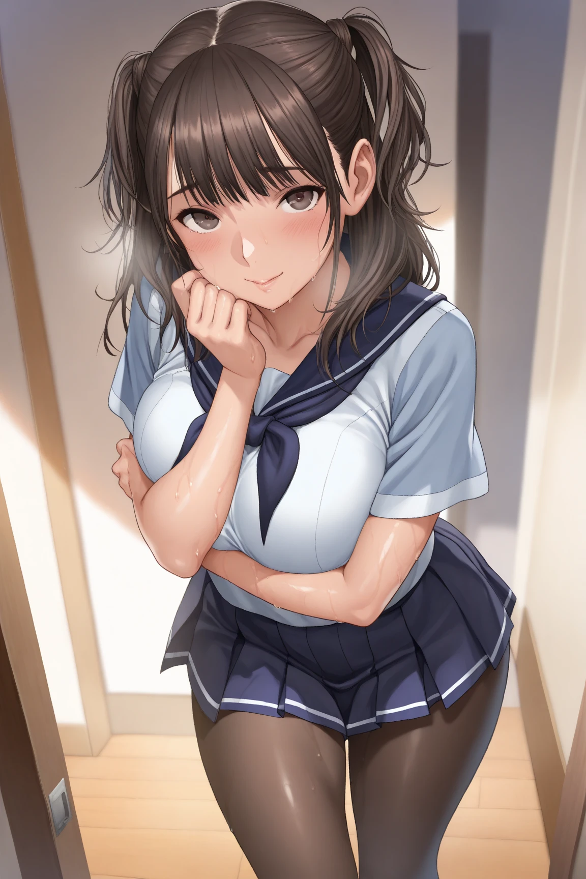 ((best quality)), ((masterpiece)), ((detailed)), (((perfect face))), (((slender 18yo age girl))), ((((topless)))), (((medium breasts))), ((dark blue pleated skirt from waist to thighs))), ((dark brown hair)), ((short ponytail)), (((blue eyes))), ((shy:1.4)), ((blushing:1.5)), ((skinny thighs)), ((skinny hips)), (((bare arms))), (((bare shoulders))), (((bare stomach))), (((classroom))), (((standing))), (((arms crossed))), (((view from above))), (((girl looking up at viewer)))
