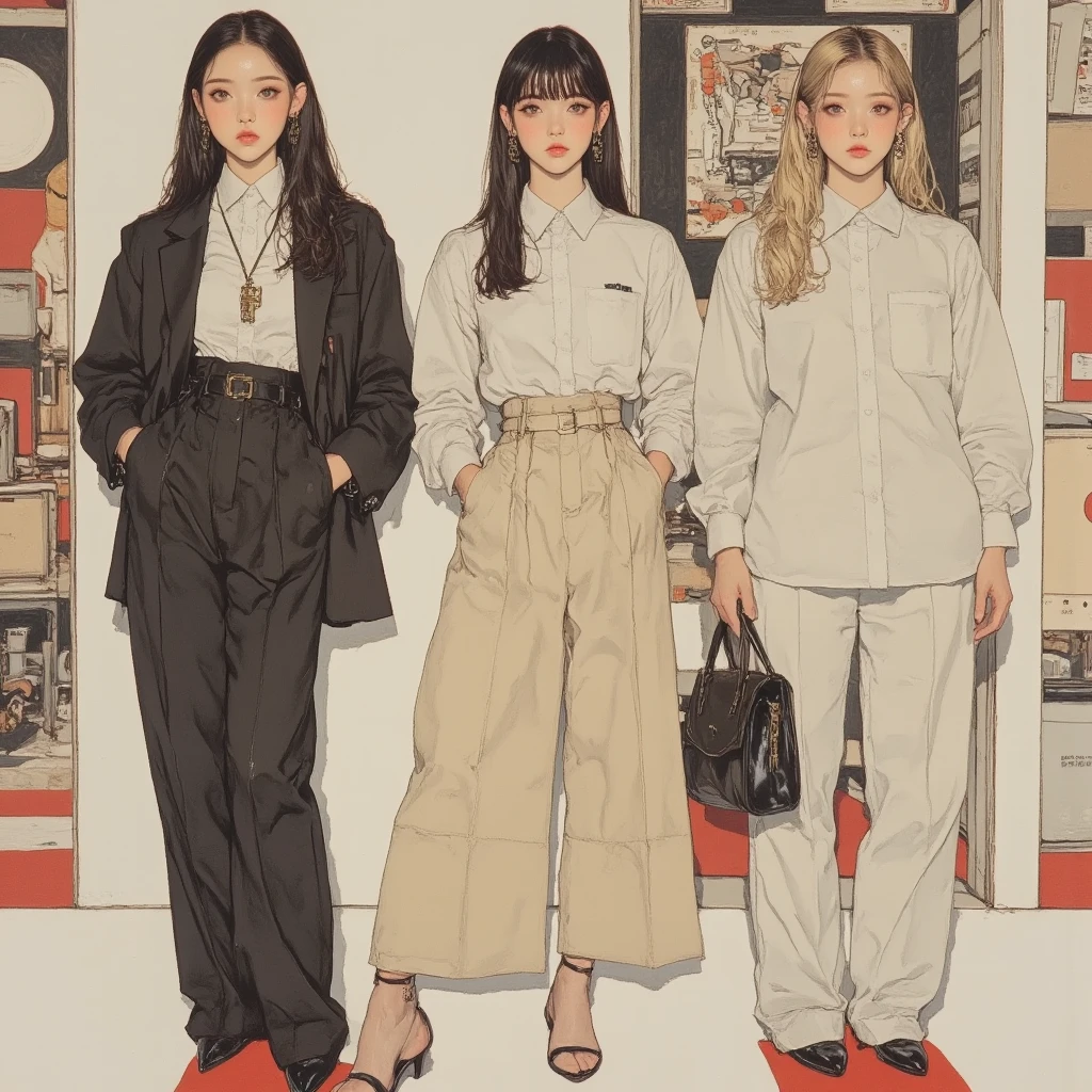 Women who adopted the Bauhaus style。Clothes with a clean design。Stand in front of a Bauhaus-style wallpaper