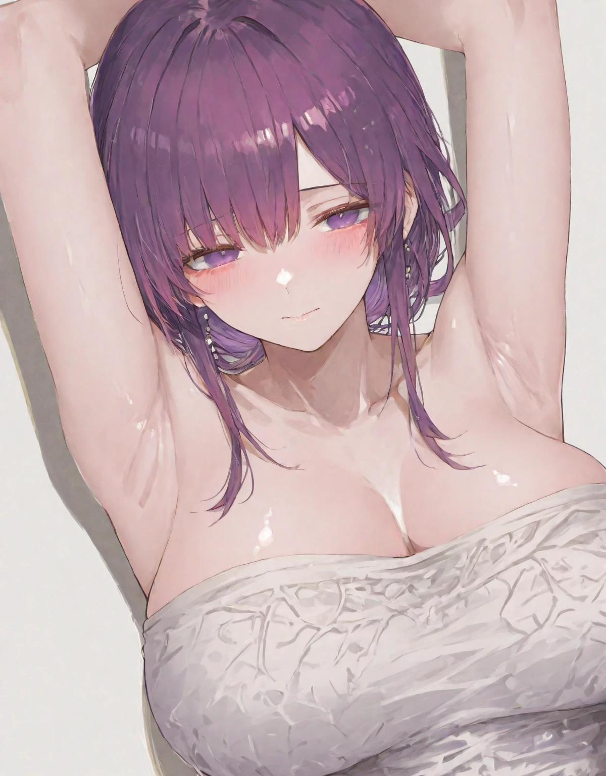 Ultra-detailed illustrations、Ultra-precise expression、masterpiece、Highest quality、ultra High resolution、High resolution、Hiromitsu Takeda Style、White background、Simple Background、Mash Kyrielight、light purple hair,short hair,hair over one eyes、Pink Apron、Vulgar expression、smile、Open your mouth、White Breath、Sweat、Glowing Skin、shiny skin、