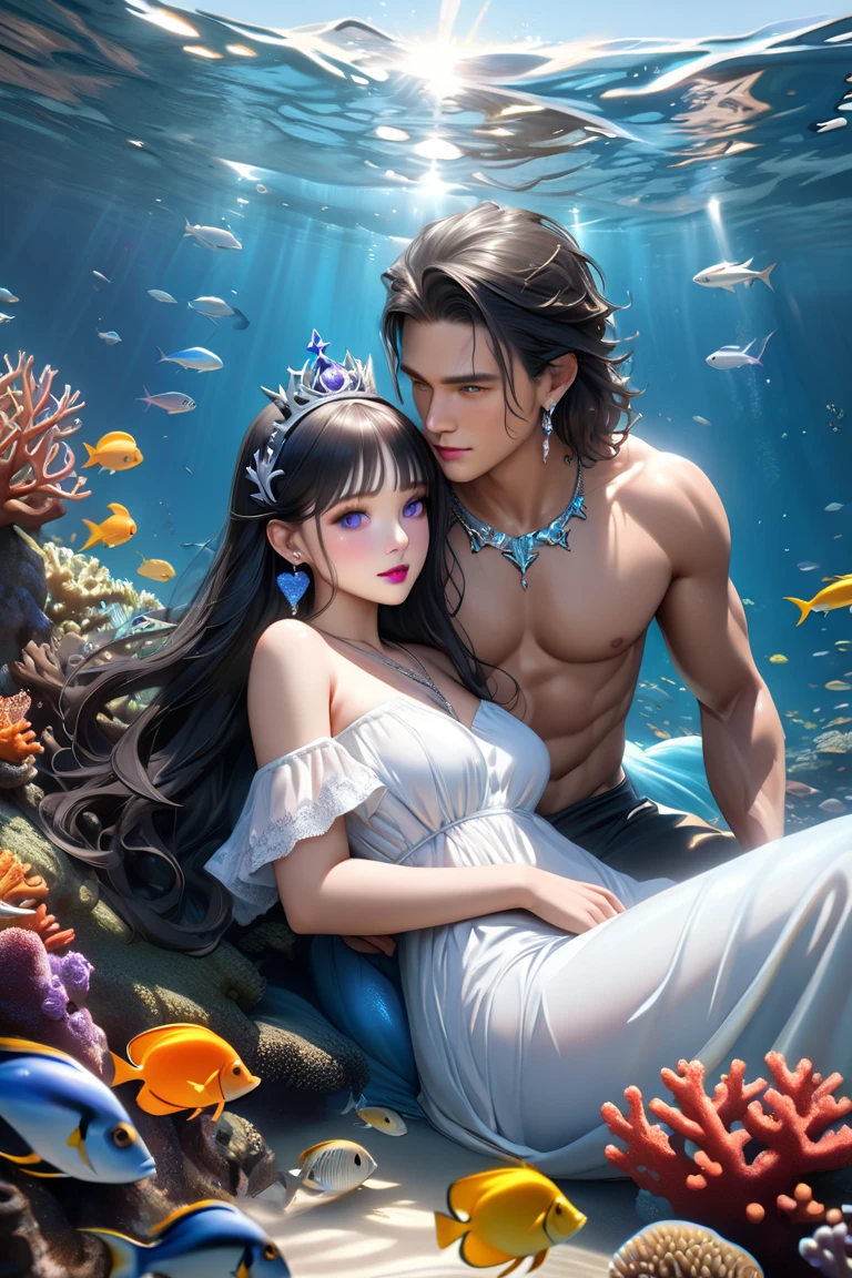 Two characters lying together as they swim in a desert pool. a short young blonde desert princess and a tall black-haired pirate boy in a romantic midnight scene, holding and gazing at each other deep in the water. The blonde girl has Latina brown dark tanned skin, waist-length long GOLDEN BLONDE hair, DARK-BLONDE wavy hair, stunning pink eyes, pink irises, in a tiny white desert princess outfit. The black-haired boy is taller, with short black hair, in a loose pirate outfit with an open shirt. They’re both wet from the river, holding each other close. Emotional, beautiful, playful