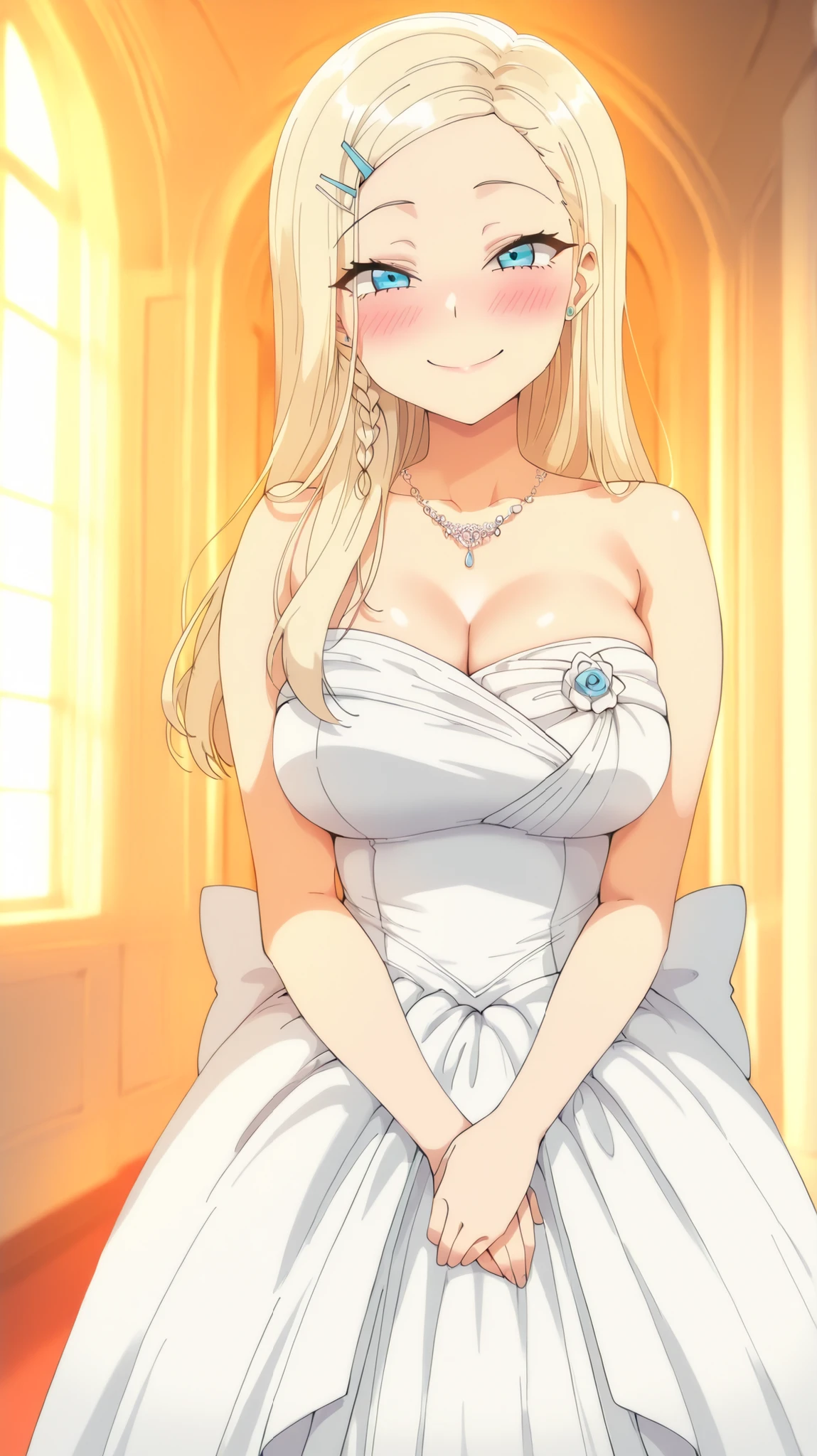 1 girl, reina kurashiki, blonde hair, long hair, braided hair , blue eyes , hairl clip, smiling, blushing, looking at viewer, masterpiece, best quality, high quality, blue eyes, happy, wedding dress, dynamic lighting, Ultra detailed, stunning visual cg, hands on waist, standing , all body view,