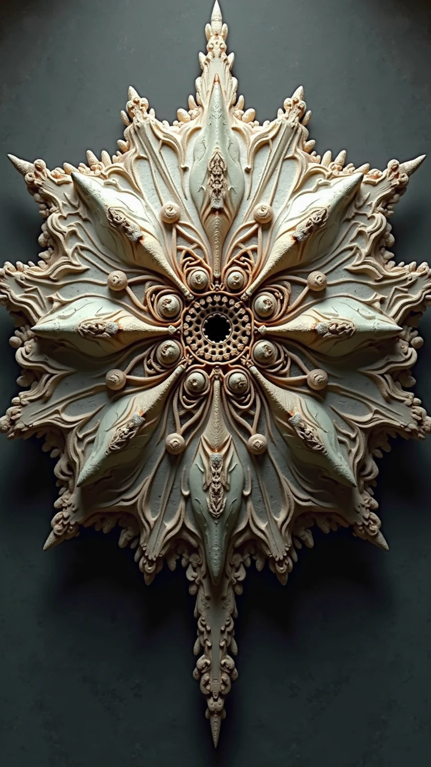 Ultra‑high‑resolution fractal-based 3D render of a symmetrical biomechanical structure resembling a spiked shell or alien artifact, composed of intricately folded and layered geometric patterns. The central form features petal-like lobes radiating from a recessed core, each adorned with sharp ridges, baroque spirals, and needle-point spines. The surface texture appears carved from weathered stone and polished bone, with complex organic-mechanical filigree spiraling along the forms like fossilized machinery. Lighting is dramatic and moody—single source from above, casting sharp shadows across deep crevices and emphasizing the radial symmetry and structural complexity. The background is softly vignetted in steel gray, providing contrast while enhancing the object’s three-dimensional volume and surreal presence. Fine details include micro-chiseling, subtle cracks, dust accumulation in recesses, and smooth wear on protrusions—suggesting age, erosion, and alien craftsmanship. Rendered with ray-traced global illumination, ambient occlusion, and sub-surface scattering in layered materials. Color palette limited to bone white, dusty beige, oxidized brass, and charcoal black, with soft specular sheen. Visual tone is mysterious, cryptic, and biomechanical—blending ancient ornamentation with futuristic decay. Perfect for surrealist concept art, alien ruins, dark sci-fi structures, or symbolic symmetrical designs. Tags: fractal object, biomechanical artifact, alien geometry, symmetrical sculpture, ancient sci-fi render