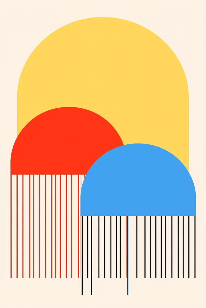 An abstract poster design in the Bauhaus style. Geometric shapes are arranged on a white background. The main components are a large yellow circle at the top center, a red circle at the bottom left, and a blue semicircle overlapping where they intersect. A smaller circle is placed at the bottom right, split in half, the left half blue and the right half black. Two thick black lines run horizontally and one vertically across the top of the composition. Small black triangles are arranged in a grid at the top right and bottom left corners. The design composition strongly reflects geometric abstraction and Bauhaus design principles, using the primary colors red, yellow, and blue and black.
