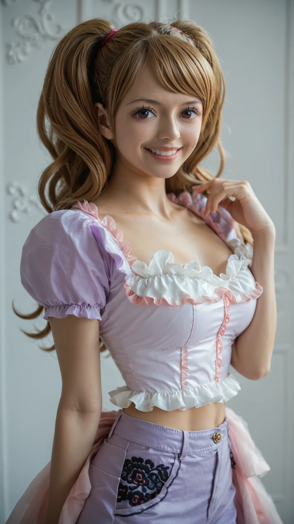 score_9, score_8_up, score_7_up, source_anime, solo, 1girl, Charlotte Pudding, light brown hair, pigtails, lips, brown eyes, frilly light-purple top, puffy light-purple pants, shoes, Two eyes, smile, portrait, close up, halfbody, looking at viewer, standing, white background, Asian, beautiful (25 years old), toned abdomen, charming, highly detailed.