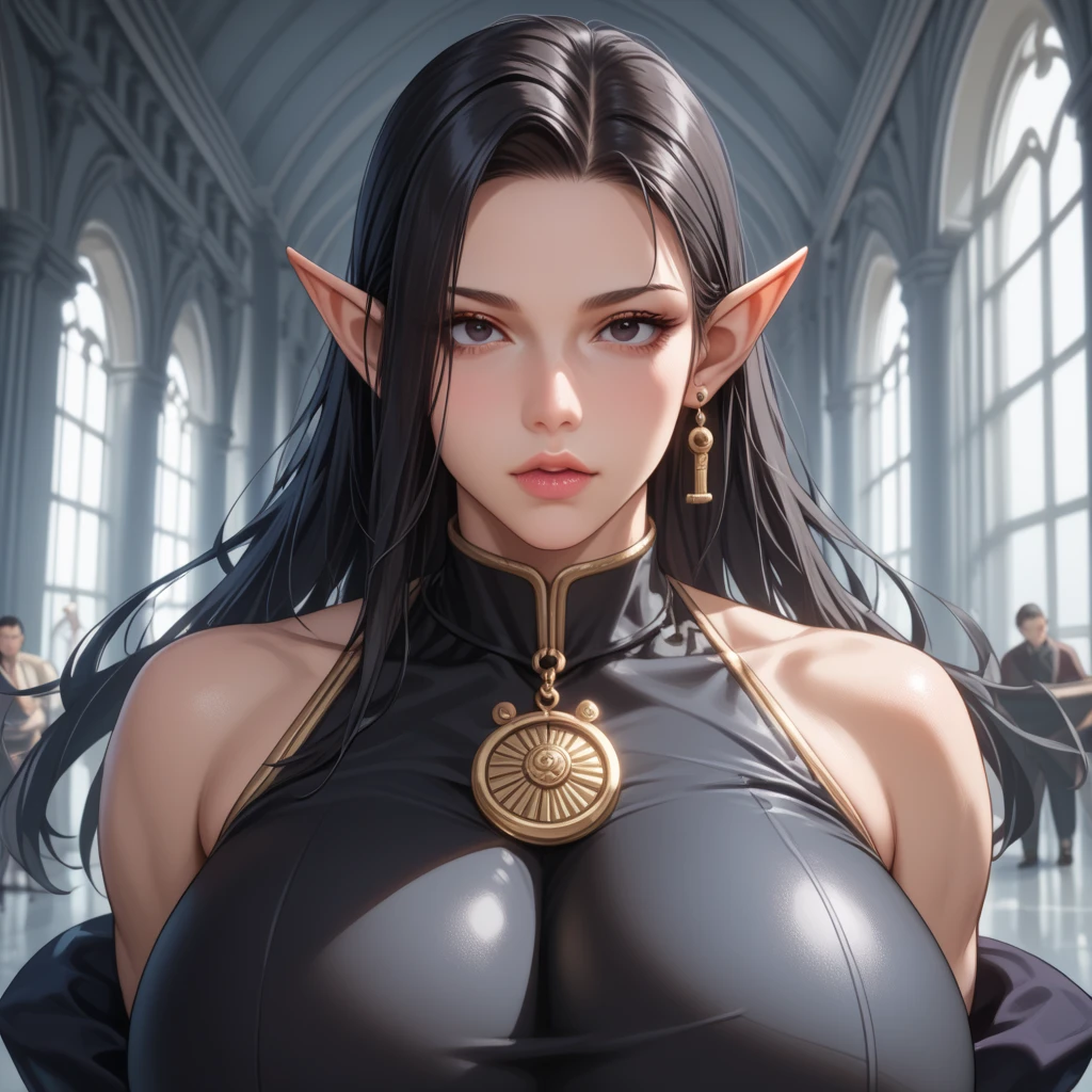 unparalleled masterpiece, ultra realistic 8k CG, perfect artwork, ((perfect female figure)), (mature female), (((small elf ear))), (milf), narrow waist, smirk, seductive posture, alluring, clean, beautiful face, (childlike doll face), pale skin, (((voluptuous))), (((large breasts))), posed breasts, pressing breasts up against a window, ((shiny skin)), (((skindentation))), intricate detail, (rich:1.4), prestige, luxury, royal palace, jewelry, gem, gold, diamond, glint, ruby, pearl, amber, obsidian, tifa lockhart, (((blue eye))), (((black hair))), (((long hair))), (((sweating))), (((Perfect eyes))), (((perfect abs body, very slender waist))),