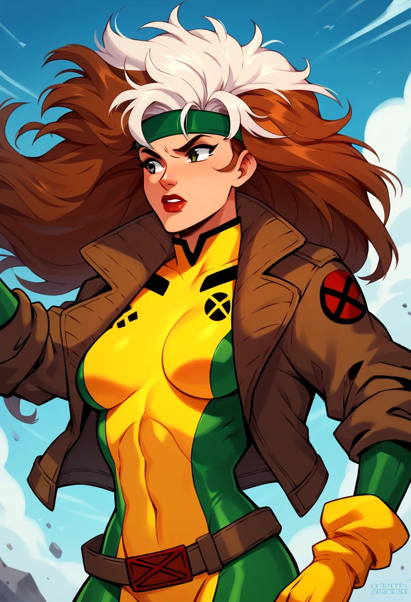 clsscrgedsk, 1girl, long hair, jacket, white hair, red hair, multicolored hair, belt, two-tone hair, bodysuit, makeup, headband, parody, lipstick, sleeves rolled up, dyed bangs, multicolored bodysuit, green bodysuit, yellow bodysuit, masterpiece, best quality , cartoon style,