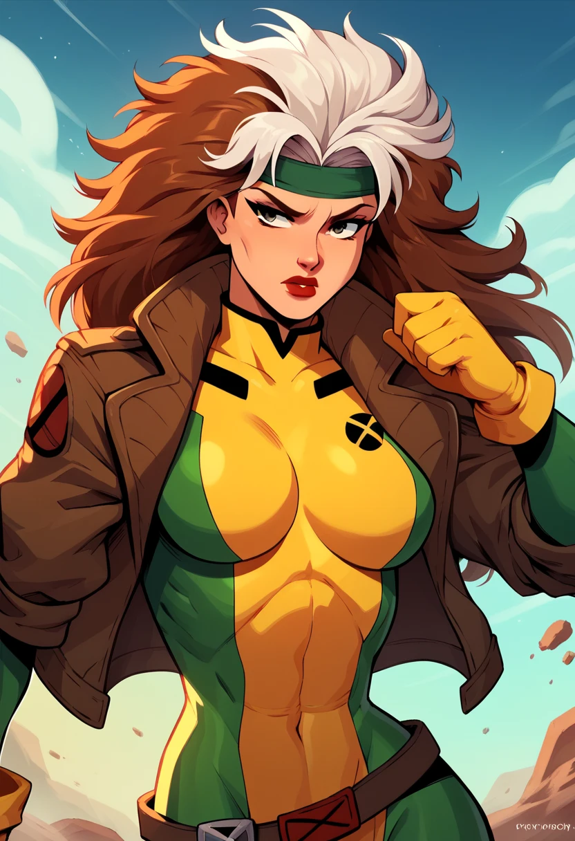 good anatomy, masterpiece, best quality, bokeh, depth of field, highres, high quality, 1girl, (anime screencap:1.2),
CARTOON_X_MENs_Rogue,ownwaifu,
long hair,breasts,brown hair,green eyes,lipstick,makeup,lips,white hair,two-tone hair,headband,wavy hair,large breasts,messy hair,curly hair,big_hair,
yellow bodysuit,jacket,gloves,belt,yellow gloves,green bodysuit,bodysuit,multicolored bodysuit,superhero, skin tight,multicolored clothes, <lora:CARTOON_X_MEN90s_Rogue-15:1>