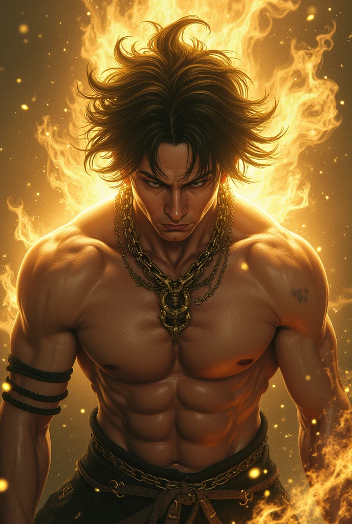 Jovem negro de , sentado em uma pedra, characteristics of a 16-year-old, anime traits, poderes elementais de energia, cacheados escuros, male gender, cor de pele escura, Sombras elegantes, swords behind his back, roupas sociais, ambiente cidade, gold chain on neck, Fit physique, esfera de energia manipulada