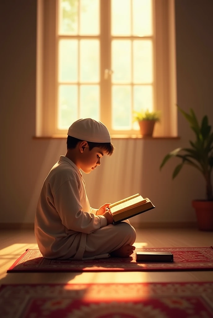 A small Muslim boy with a focused and calm face, sitting in a quiet corner of the living room at night. In his hand, he held an open copy of the Koran with a small lamp illuminating the page. Nearby, dim rooms with simple furnishings add a sense of tranquility. The soft light of the night lights illuminated his face, creating a spiritual atmosphere full of peace in this moment of reading the Koran. very real, high resolution, 8k resolution, anime, intricate details