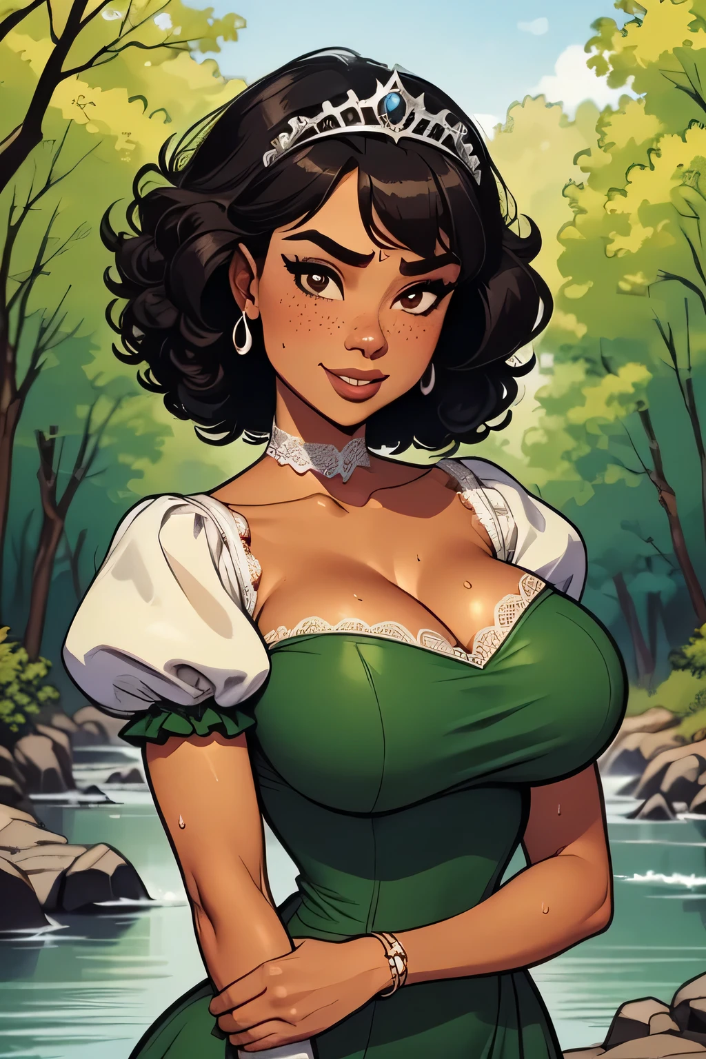 ( Absurdo, hd , Ultra detailed, be careful with your hand ) Close-up view of a thin and athletic woman, 25 anos, 8k (( high definition )), shy smile, look seductive, brown eyes, wearing a high-waisted forest green long dress (( with lace V-neck , tiara, puffy short sleeves )), thin waist, arms at the sides of the body, ebony skin , black hair (( short and curly )), she is hiking through the forest (( upper body )), with freckles on the neck and breasts , (( big breasts, sweaty and round, suaves )), (( Well defined collarbone)). Marvel style (( hq )), dense forest and river in the background.