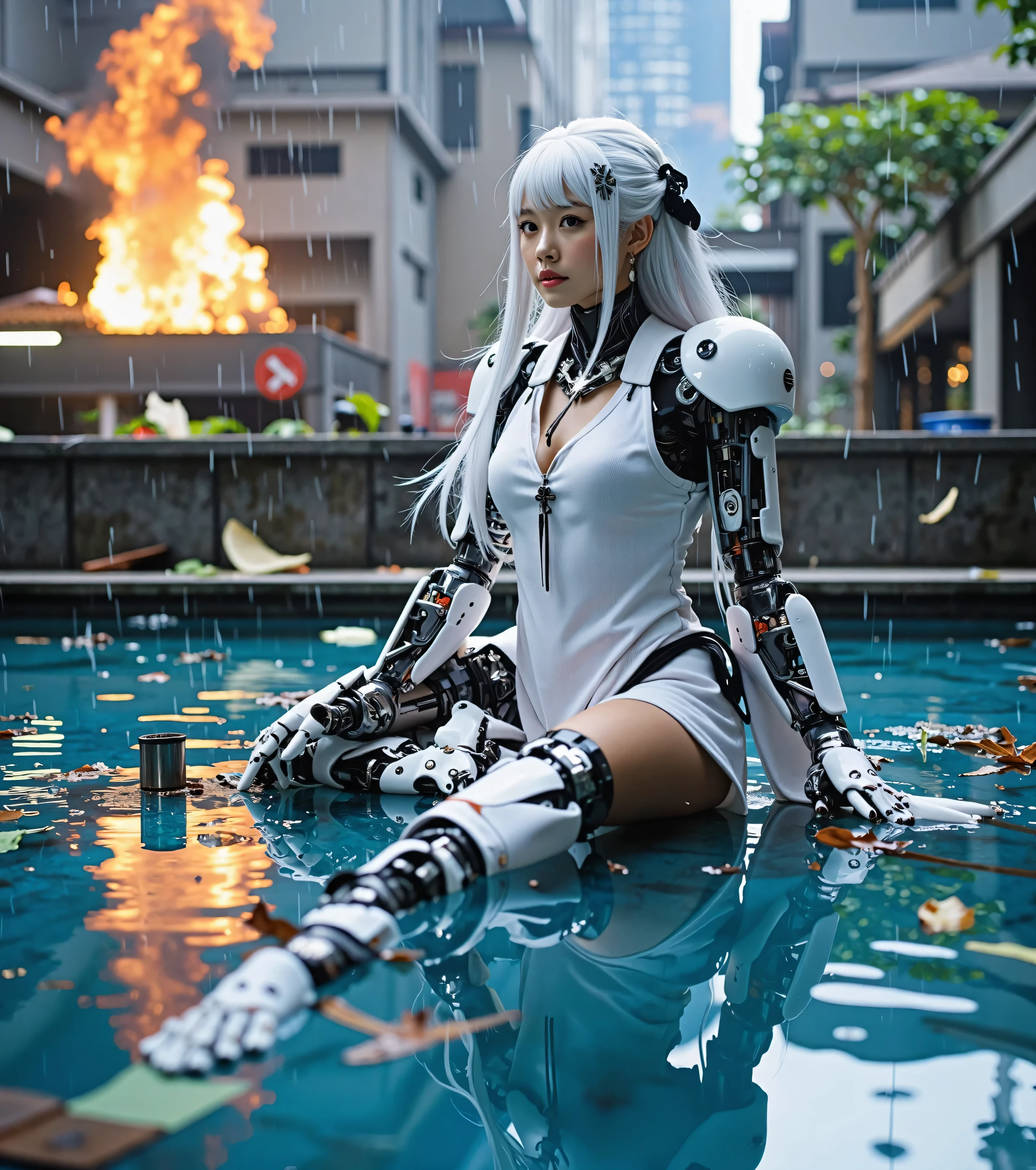 A beautiful Asian woman with long white hair, robotic arms and legs, dressed in a dirty white top, is lying on a large pool of water as rain, debris and fire fall all around in a futuristic environment. . Masterpiece, The best quality, amazing quality, very aesthetic, extremely high resolution, the newest ,