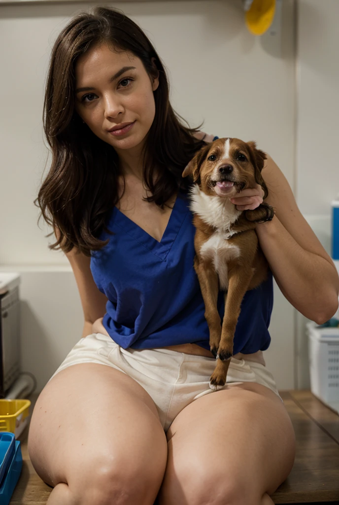A realistic picture of a woman playing with her chihuahua