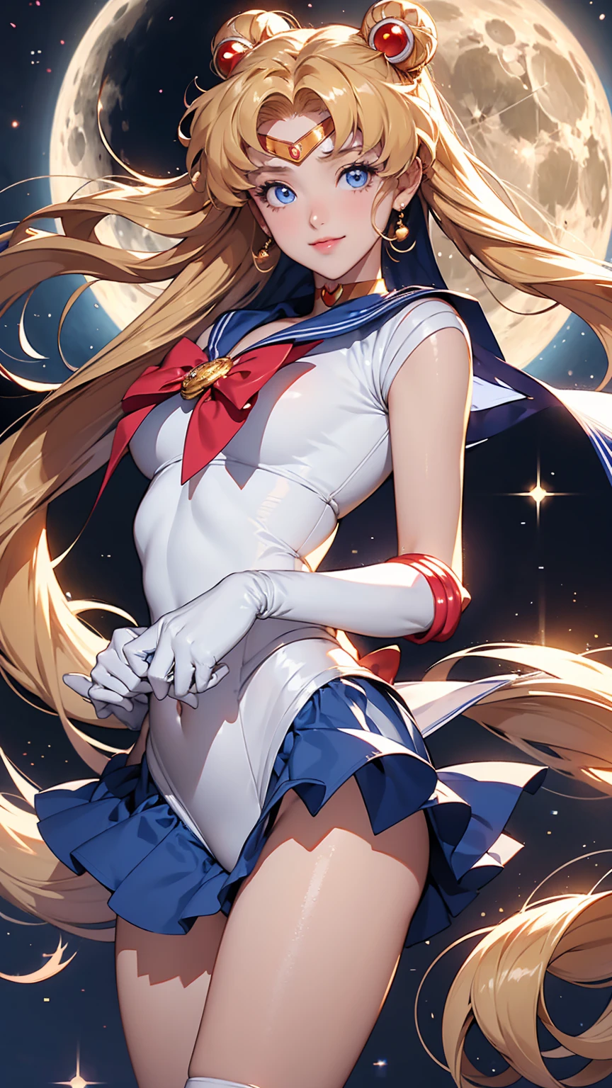Masterpiece, Best quality, A high resolution, Moon 1, 1 girl, Solo, Sailor senshi uniform, Sailor Moon, Tsukino Usaki, Blonde, magical little girl, Blue eyes, White panties, Red scarf, Elbow gloves, head gear, Blue skirt, Pleated skirt, Mini skirt, choker necklace, White gloves, jewelry, Earrings, Smile, background is space (Excellent detail, Excellent lighting, wide angles), Skirt lift