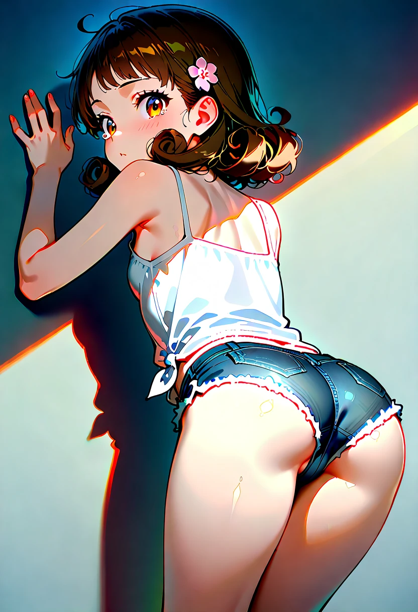 (high quality, 8k, 4K, High Contrast, masterpiece:1.2, 最high quality, Best aesthetics), (Dynamic Angle), ((1 female teen)), (Full Shot), ((Plain and bright background)), ((Flat Color)),(Black camisole top), (Red lace panties in full view), Turning his back, Posture with buttocks sticking out, Looking at the audience, Upper Body, Transparent Background, Sleepy eyes, High Contrast, Contrasting colors, , Pale pink and blue lighting, ((Short Hair)) , Rainbow Hair, Small star-shaped earrings in both ears, watch, bright eyeshadow, Cool look, Angle of view that allows space above the head to see the background, (The thighs are half-covered.)