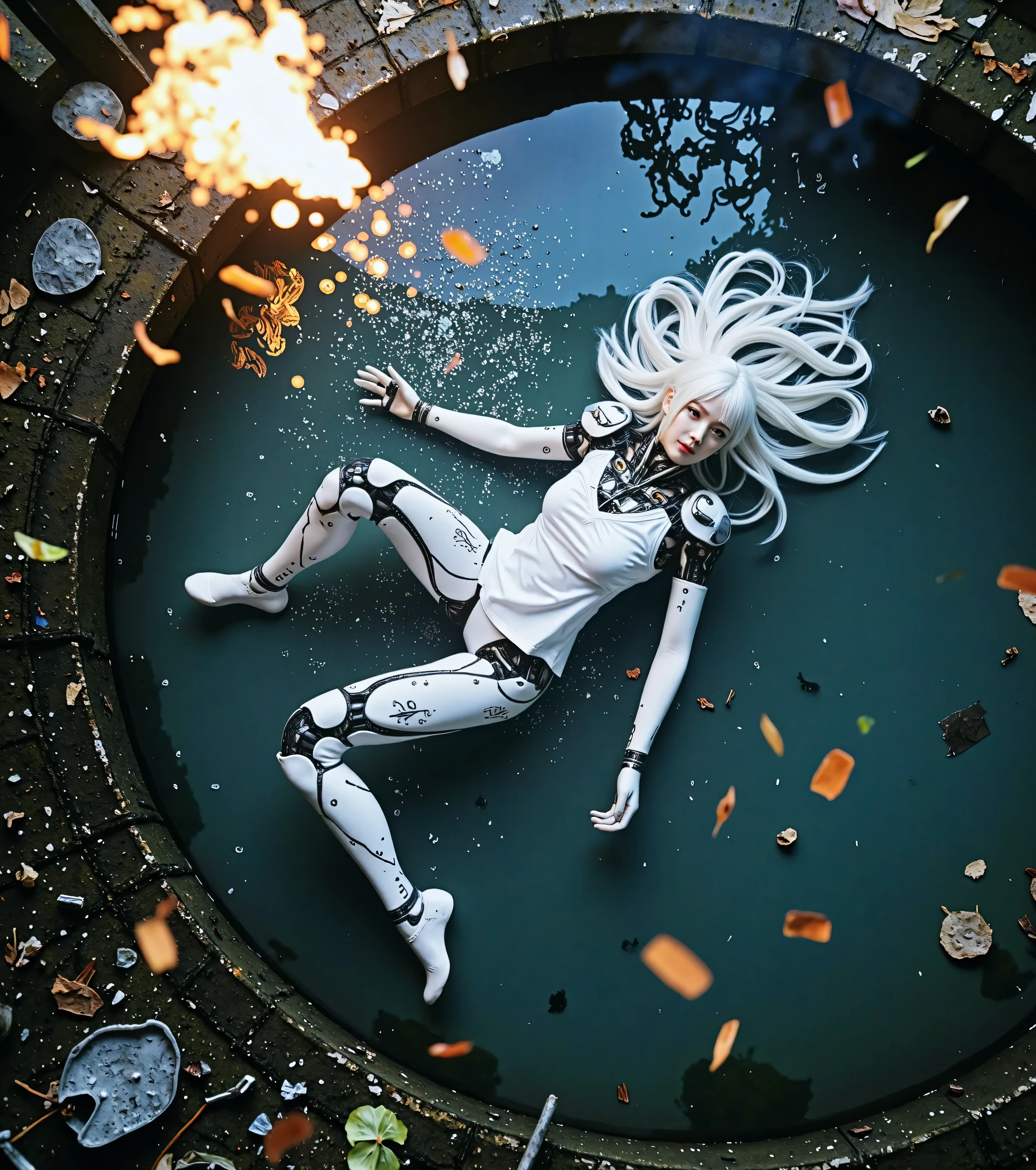 
A beautiful Asian woman with long white hair, robotic arms and legs, dressed in a  white top, is lying on a large pool of water as rain, debris and fire fall all around in a futuristic environment., Top angle view. Masterpiece, The best quality, amazing quality, very aesthetic, extremely high resolution,  the newest ,