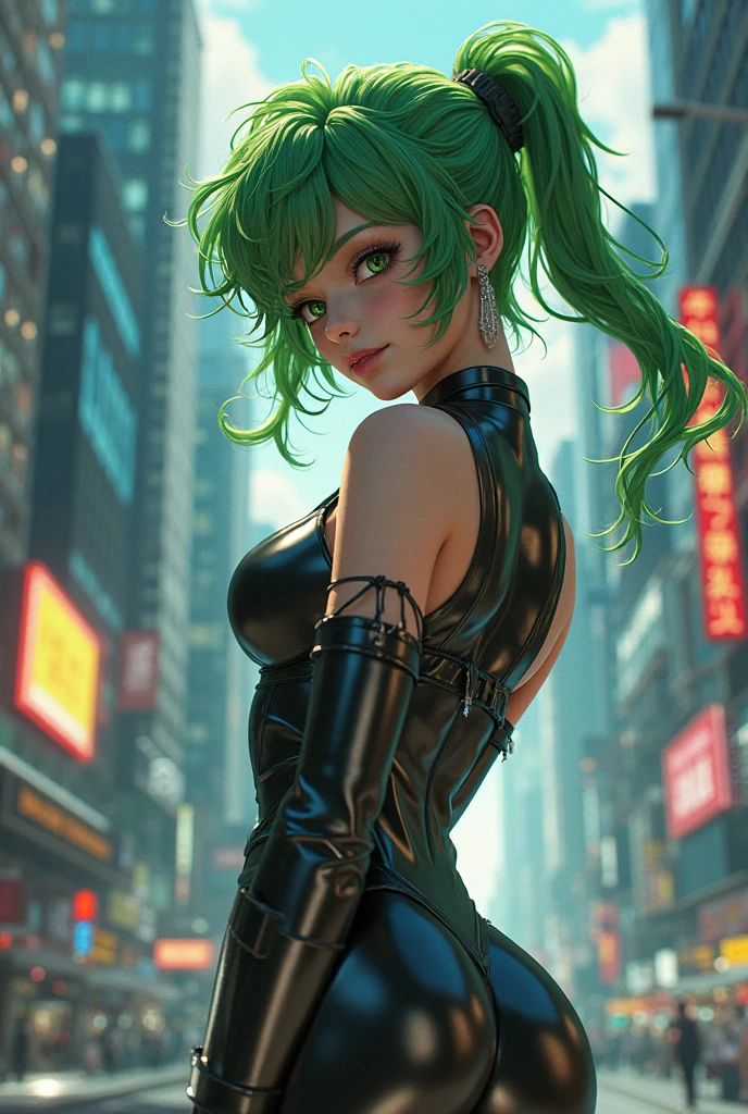 Hyper realistic super detailed sexy Mitsuri Kanroji, NSFW, Very detailed, expressions faciales sexy, seductive facial expressionace detail: 1.4): 0.4], 16K resolution, 4k resolution, dinamic lighting, High definition resolution, (sexy pose, Position attrayante), (hyper realistic: 1.4),  , (sun light: 1), (pleine hauteur: 1.8),(contrasting background: 1.5), (Anatomy of the hyperrealistic arm), (Hyperrealistic anatomy of the legs), (peau propre), (lighting cinematic: 1.7), (intime), (Technologie NVIDIA RTX Ray Tracing), (Ventre plat parfait), (image couleur),Create a 4K resolution, ultra-realistic, and extremely detailed artwork featuring a Mitsuri Kanroji in a corporate office setting with a provocative style. Mitsuri Kanroji  the central character in the artwork. She stands in front of a big glass window of a modern office offering a cityscape view.

 ((Mitsuri Kanroji (from "demon slayer"))), a girl with long green-pink gradient hair and green eyes, green hair, gradient hair, multicolored hair, long hair, braided hair, She has a commanding presence. She has a provocative yet professional silhouette,  emphasizes her figure. Her makeup  bold, with striking red lips and a gaze that demands attention.

She  dressed provocatively,  a bold fashion statement. yellow leotard, orange leotard, thigh gap, bare shoulders, a touch of glamour to her overall appearance. shy and faint smile