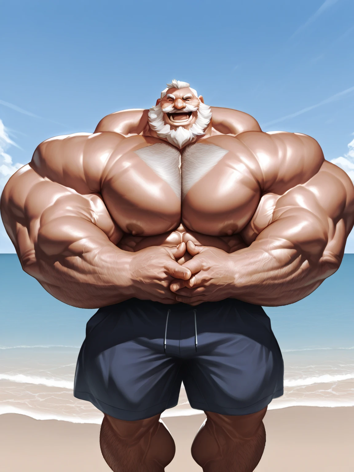 beach, back view, extremely huge muscular, massive muscular, full-body, well-muscled old man in a white shirt lying in beach. ((extremely muscle size, super thick arms, huge back, extremely wide back and shoulder , huge arms)). and add details to make it attractive and interesting. Add textures and details to make the image more realistic, such as the appearance of the shirt texture and the appearance of the skin. Make sure the resulting image is high resolution, 8K quality."