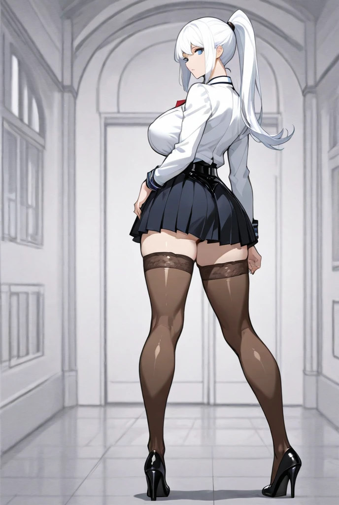 Masterpiece, Top Quality, High Resolution, Hi-Res, One Girl, Solo, Angle from Below, Skirt, Shirt, White Y-shirt, Unbuttoned, Fluffy, Cleavage,Protruding Nipples, Hard, White Hair,Pleated Skirt, Socks, Black Skirt, Long Hair, Long Sleeve, Bangs, School Uniform, Black Socks, Dress Shirt, Smile, Sweaty, Drenched, Sheer Through, Sheer clothing, Skirt fluttering in the wind, Lift up skirt, Crotch line, Hip line, White underwear, Panty shots, Beautiful leg line, Drops running down your legs, Drenched lower body, Wet waist, Excess crotch droplets, Body parts three-dimensional, Exposed underwear, Realistic skin texture, Focused on feet, Kneeling, Knees spread, Bright room, Finger shift panty position, Lighting from below, bitten panties, butterfly hair ornament