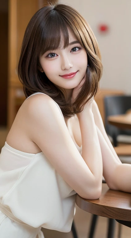 on the table, best quality, illustration, Super detailed, fine details, high resolution, 8k wallpaper, Perfect dynamic composition, Beautiful and delicate eyes, Summer women's clothing,medium hair,Natural color lips for small breasts, bold gesture,Smile,Harajuku、20 year old girl、Lovely、looking into camera lens