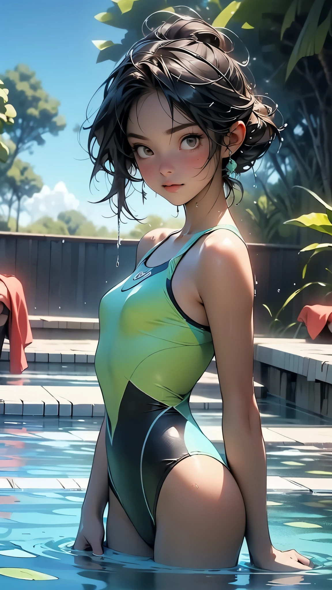 illustration, (smile,:1),(raining,wet,splash:1.3),  (string,abs,small breasts,:1.1),(thin transparent wet clothes,sfw),thighs, battlefield, (slim, fit,flat chest, petite,ukranian,) photo realistic, high definition, detailed realistic, detailed,  hyper detailed, realistic skin texture, ultra high resolution, high resolution,flag painted,  (masterpiece, best quality),  face tears,