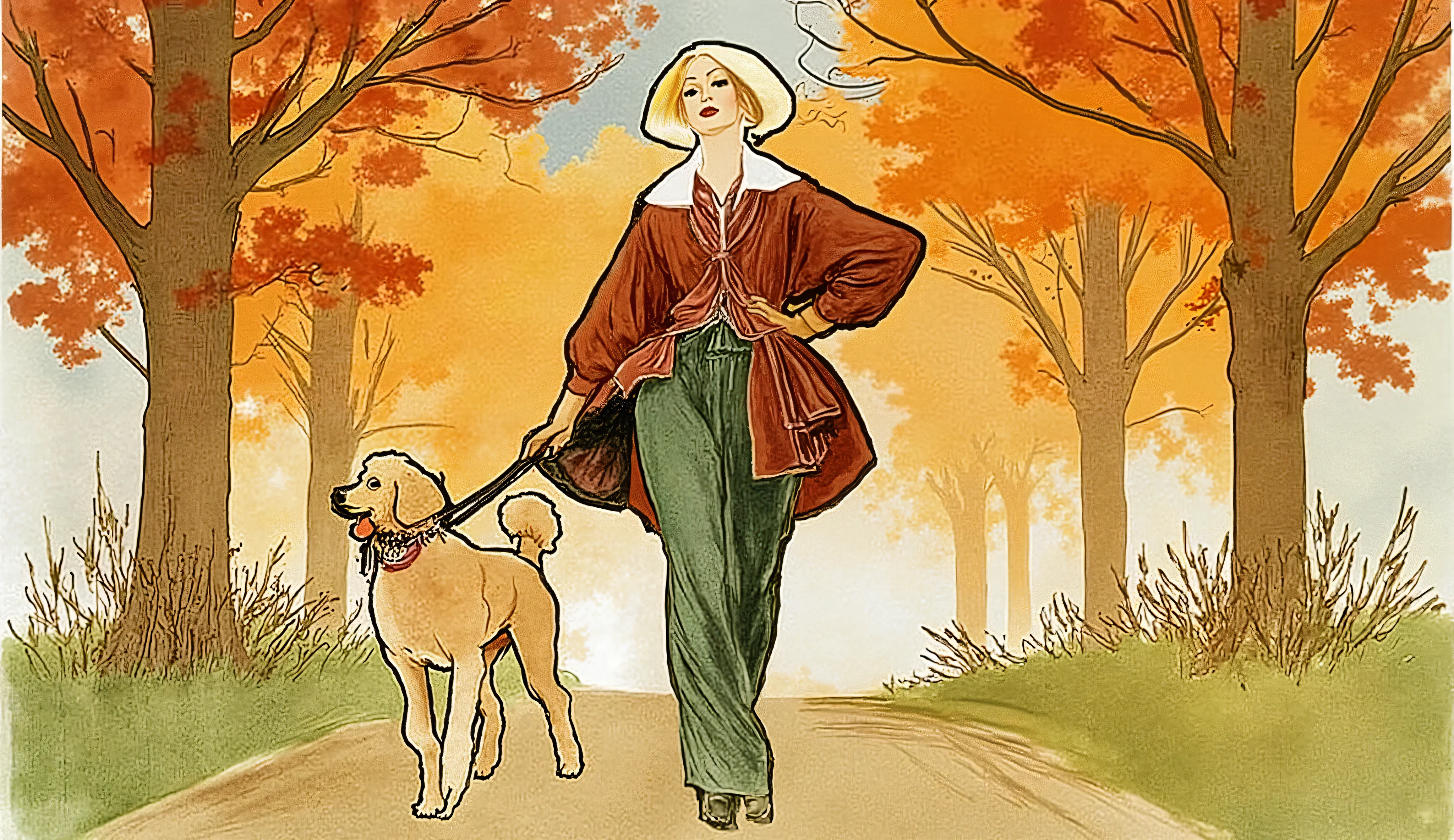 fashion sketch, Style karl Lagerfeld, acrylic, a girl with bob hair, casual cloths, walking in the park with a poodle dog, palette of color Rusty Red, Antique Ruby, Dark Green, Midnight Green (Eagle Green), Tart Orange, fashion sketch, flat design. Style karl lagerfeld
