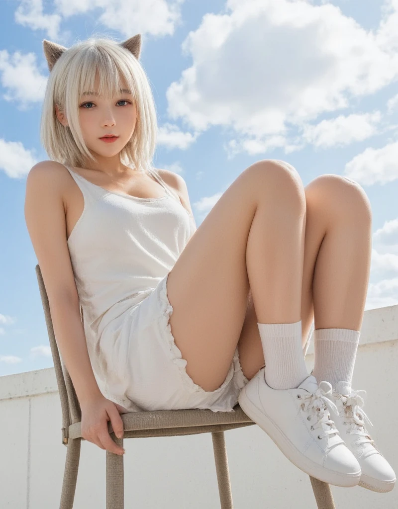 (((white hair girl sitting on the sofa with short white hair、Thigh close-up、Captures only the thigh、Lower body close-up、detailed thigh)))、(realisitic、Photorealsitic、ultra-detailliert、Highest Details Skins、top-quality、masterpiece、超A high resolution)、18year old、Bright lighting、Realistic skin type, uniform skirt