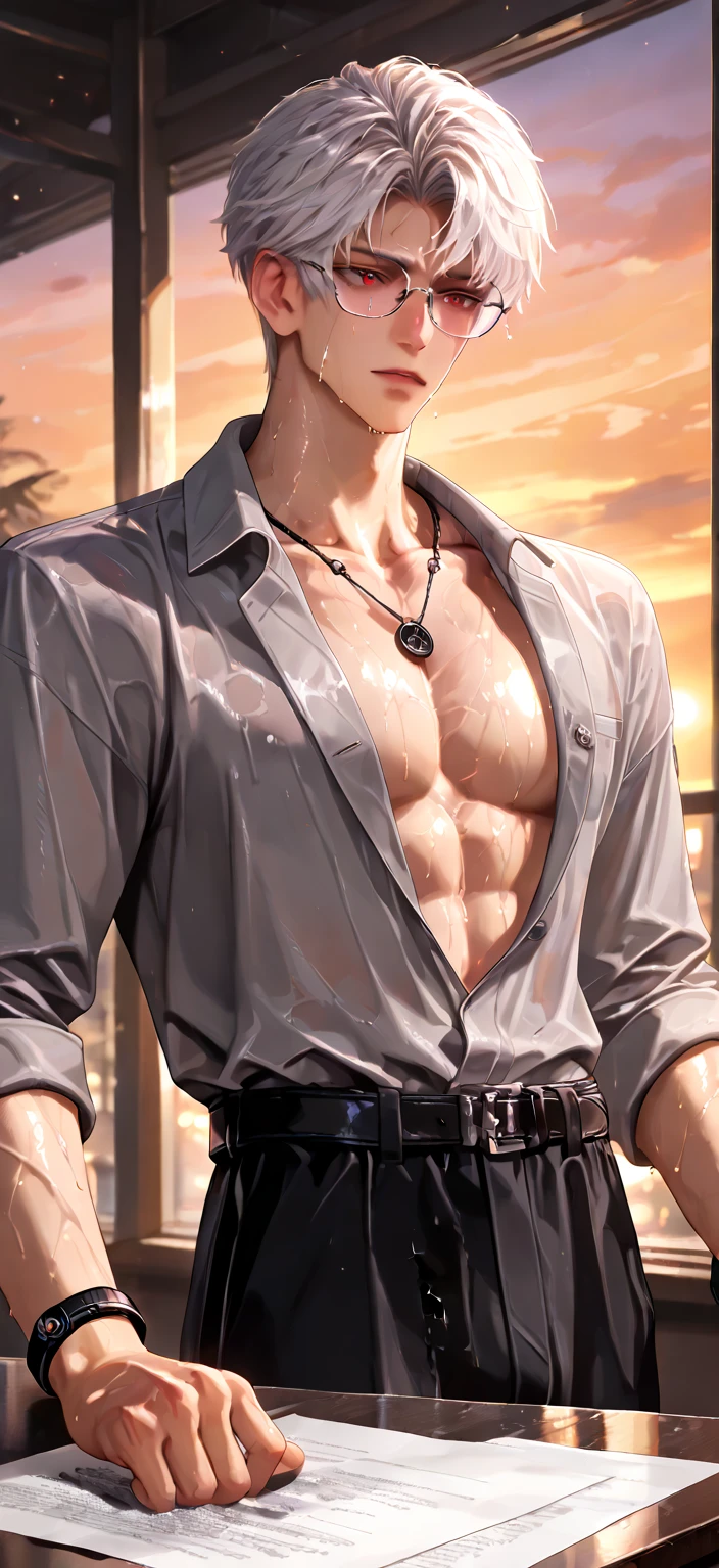 male, 18 year old young, rich heir, massive round juicy pecs, nice muscles, on luxury yacht, no body hair, model handsome face, no beard, highly detailed, photorealistic, 8k, cinematic lighting, dramatic composition, chiaroscuro lighting, Rembrandt lighting, dramatic shadows, warm color palette, golden hour lighting