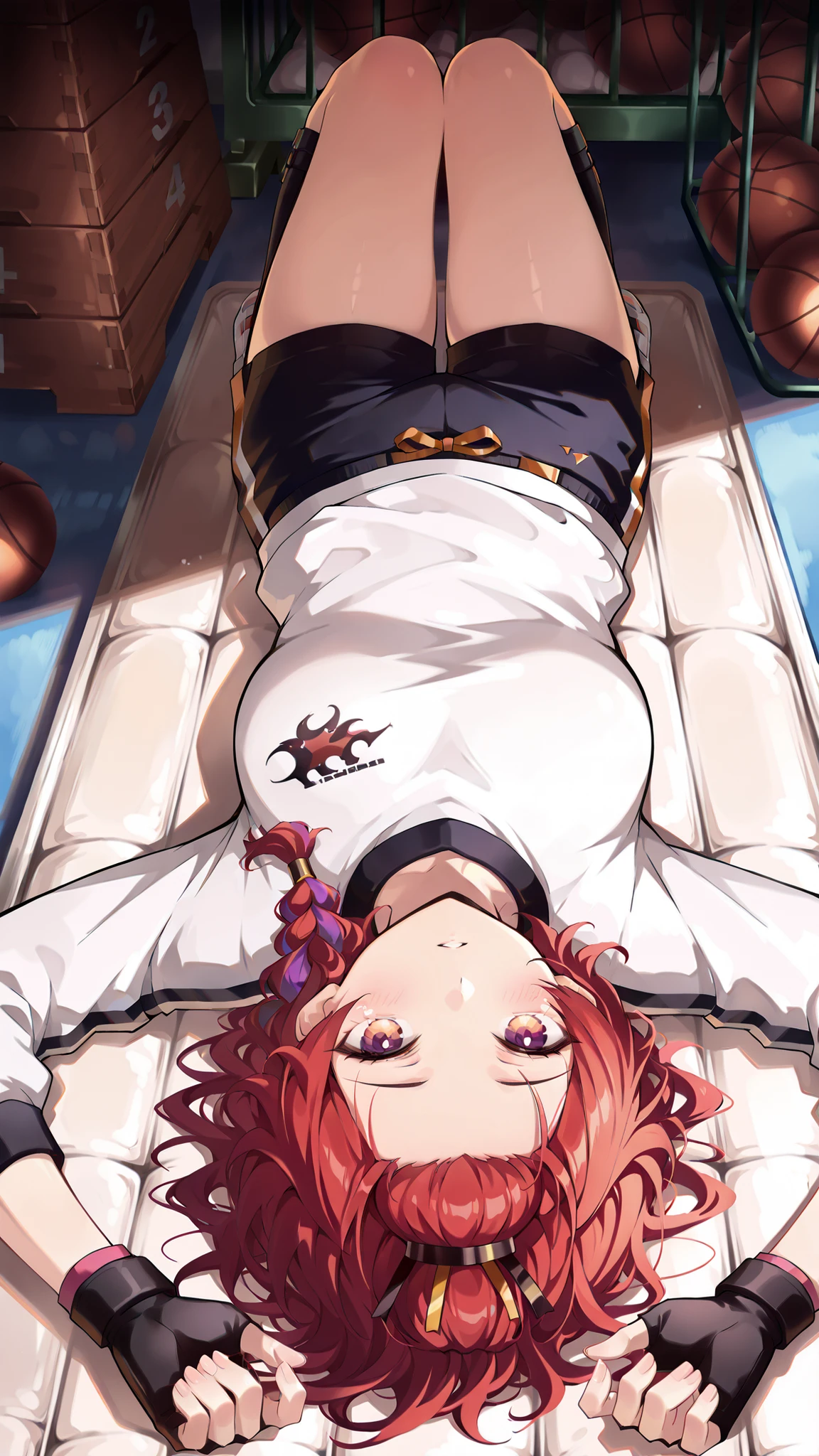 1girl, chixia_ww, red hair, bangs pinned back, braid, gym sweaters, gym shorts, fingerless gloves, shiupside, lying, on back, upside-down, in a gym storeroom, afternoon, masterpiece, best quality, amazing quality