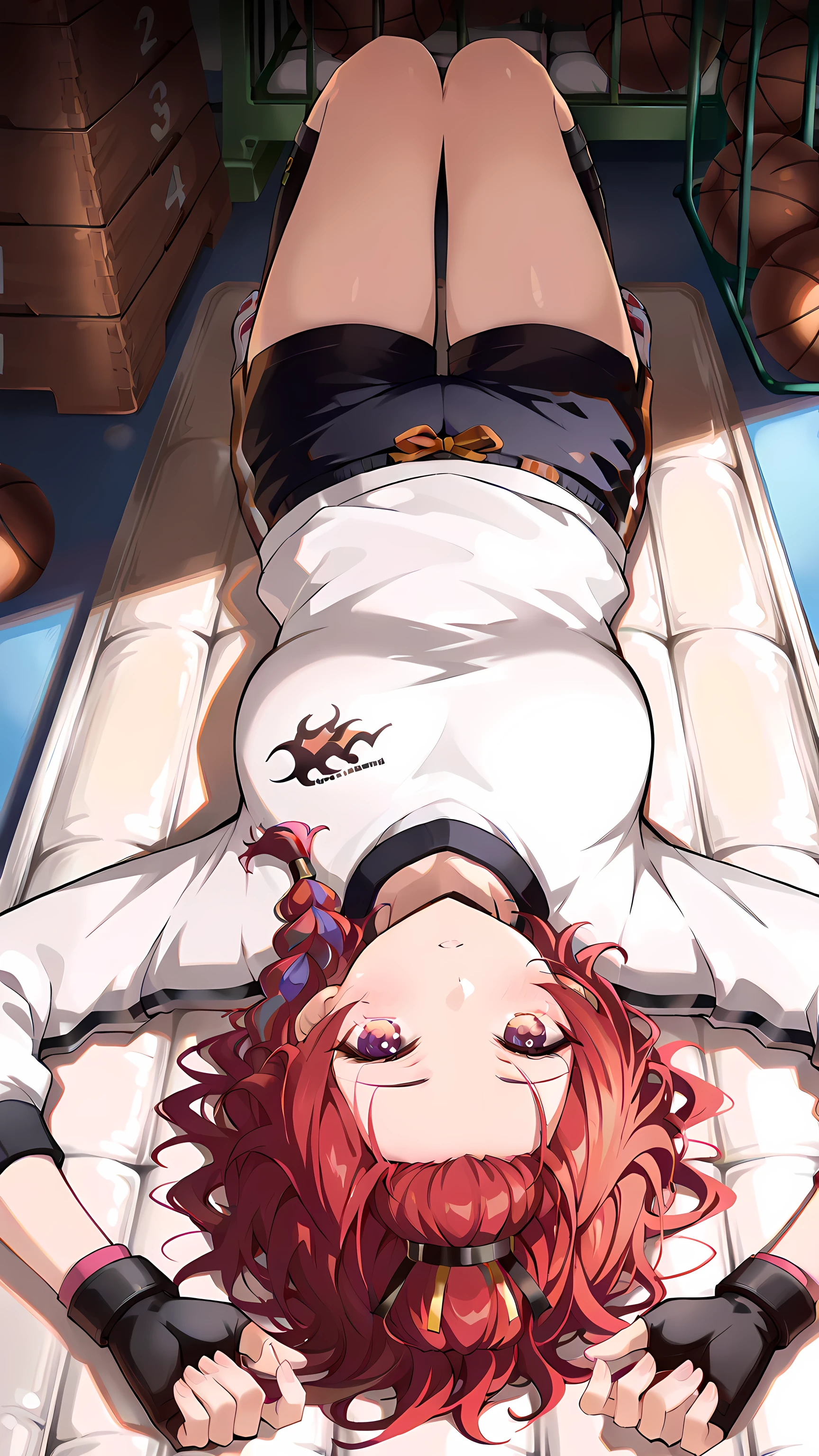 1girl, chixia_ww, red hair, bangs pinned back, braid, gym sweaters, gym shorts, fingerless gloves, shiupside, lying, on back, upside-down, in a gym storeroom, afternoon, masterpiece, best quality, amazing quality