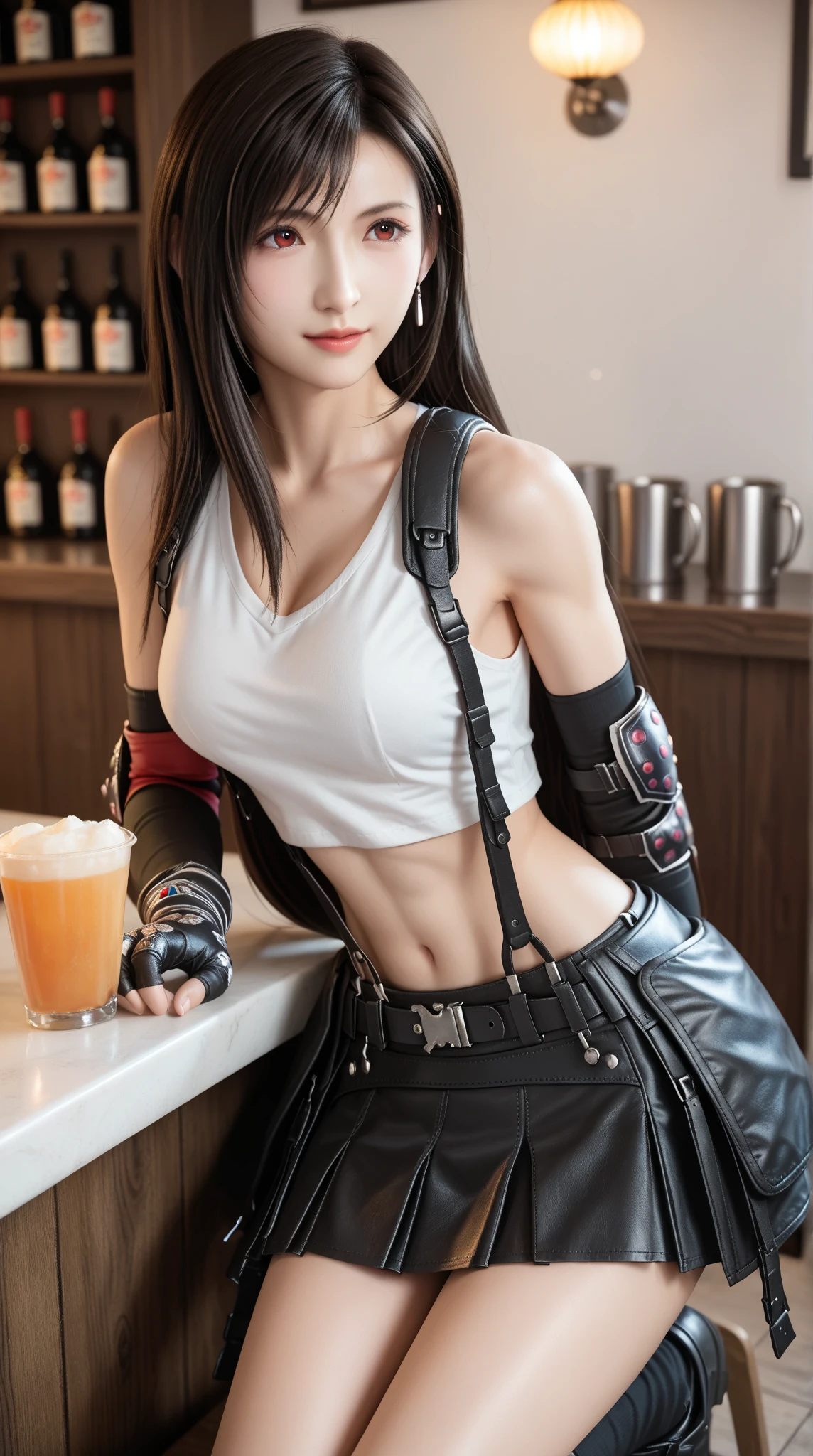 <lora:FFSpaceWhiteGirlFighter:1>,Space_White_Girl_Fighter, far view, 1 girl, (((medium long shot))), (((knee shot))),  head at the top of the image, stand next to a table, hold alcohol drink, (((head at the top of the image))) show nipples, grove, wear white clothes , huge breast, angry face, (((erotic))), ((sexy)),(((seductive))) random posture, detailed face,, (detailed eyes), ((smirk)), full body, (anatomically correct hands), busty, ((cleavage)), ((pale skin)), ((angry eyebrows)),red gloves, long black hair, ((dynamic pose)), ((thick thighs)), fit, (thighs), 8.5mm art lens, f1.2, sharp focus, 8k high definition, insanely detailed, intricate, elegant, bar,