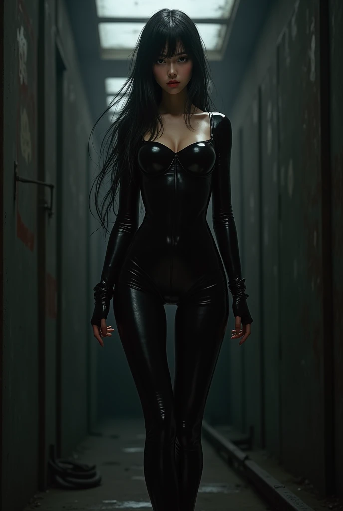 (Photorealism:1.2) woman, brunette, Long legs, Beauty, dressed in a black latex suit, bare chest, gray eyes color, cyberpunk background, On high heels, full height of a girl, inside an industrial building, красные туфли On high heels