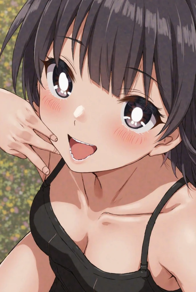 nsfw, shinkai makoto, Kimi No Na Wa., One girl, bangs, Black Hair, blush, Brown eyes, Glowing Skin, Red headband, Red ribbon, Red Bow, Exposing shoulders, Black knee socks, short hair, smile, Small breasts, Down blouse, Open your mouth, cute, alone, Happy, hair ornaments, Bunny ears, Playboy Bunny, Pink leotard, Detachable collar, Looking at the audience, Pink Background, Simple Background, Upper Body, Leaning forward, Fishnet tights