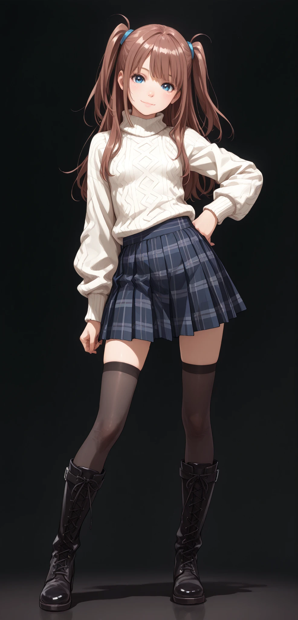 1 girl,wide shot, full body, (looking at viewer:1.2), (from the right side:1.3), facing forward, petite body, like proportions, svelte figure, small breasts, small frame, innocent smile, bright blue eyes, fair smooth skin, rosy cheeks, glossy lips, cute face, big expressive eyes, contrapposto pose, medium-length brown hair, silky smooth hair, soft front bangs, twin side up hairstyle, tied up side locks, hair tied only at the sides, loose back hair flowing down, realistic hairstyle, hand on hips, white turtleneck sweater, navy blue plaid pleated skirt, black thighhighs, zettai ryouiki, black lace-up knee boots, youthful appearance, Kyoto Animation style, anime illustration, masterpiece, best quality, ultra high resolution, rich contrast, highly detailed eyes, ultra-detailed illustration, very beautiful and delicate anime face and eyes, realistic texture, RAW photo style, black background, solid black studio background, soft lighting, no background
