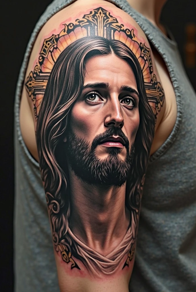 Lotus tattoo on the front arm with rosary and Jesus on the cross