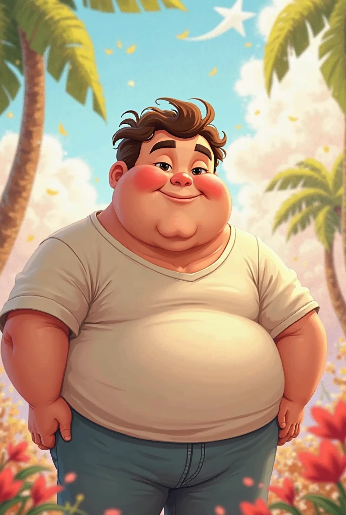 Cartoon of a white man with curly hair, stocky, wearing a white shirt and black shorts sewn on
