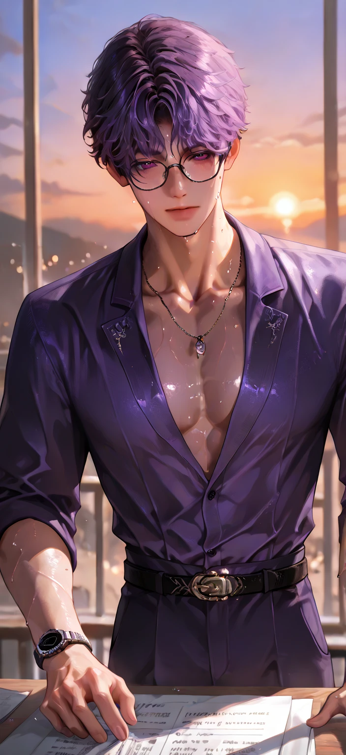 absurdres, highres, ultra detailed, HDR, masterpiece, delicate features, detailed eyes, detailed face, rafayel, solo,  man, handsome, sensual, adult version, 28 years, adult face, toned body, athletic body, purple hair, short hair, purple eyes, sweating, wet of sweat, sweat drip, watch on left hand, black necklace, eyeglasses, (purple shirt with button undone, reveal toned ), dark purple pant with belt, in the office, sit in the table full of document, summer, sunset, parking, model pose
