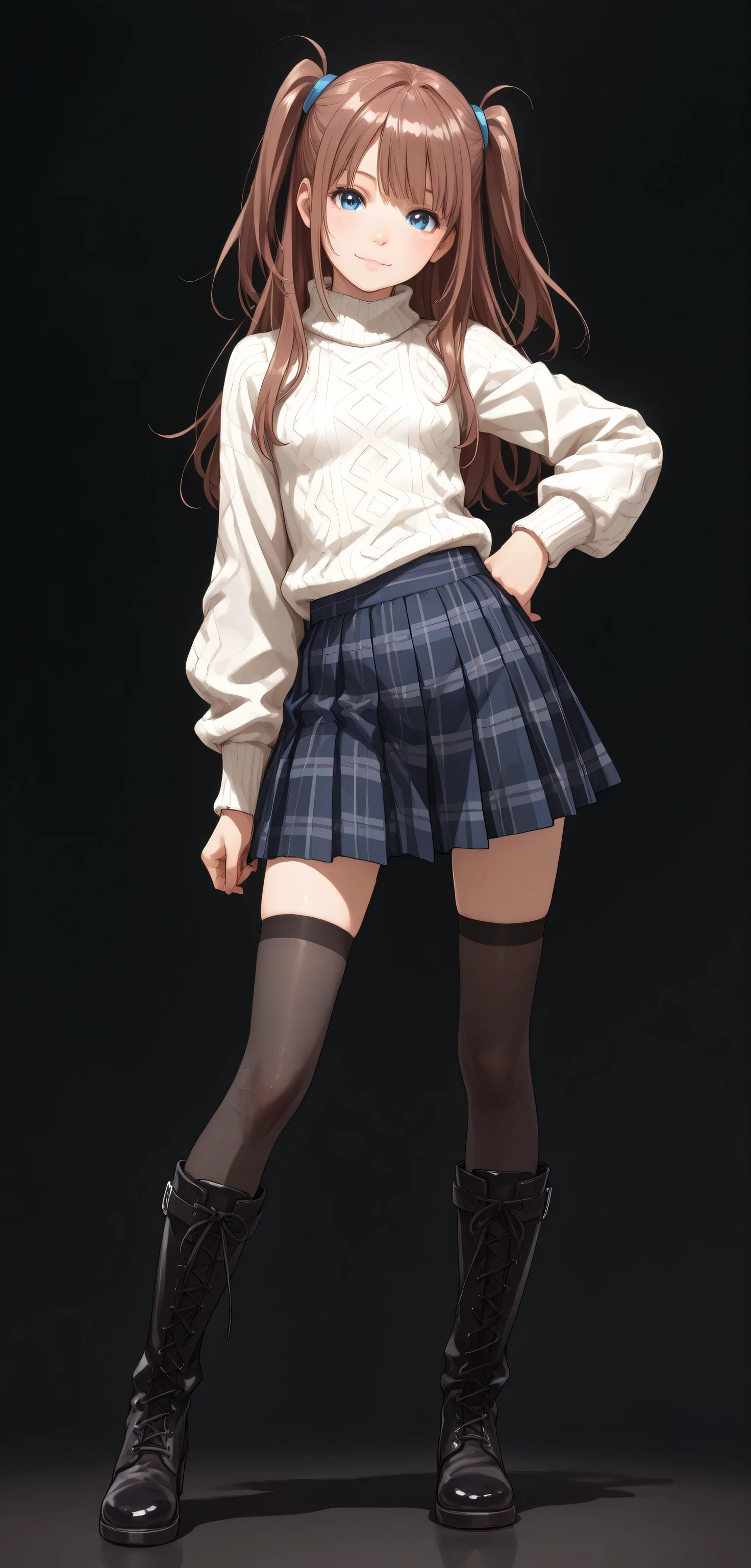 1 girl,wide shot, full body, (looking at viewer:1.2), (from the right side:1.3), facing forward, petite body, like proportions, svelte figure, small breasts, small frame, innocent smile, bright blue eyes, fair smooth skin, rosy cheeks, glossy lips, cute face, big expressive eyes, contrapposto pose, medium-length brown hair, silky smooth hair, soft front bangs, twin side up hairstyle, tied up side locks, hair tied only at the sides, loose back hair flowing down, realistic hairstyle, hand on hips, white turtleneck sweater, navy blue plaid pleated skirt, black thighhighs, zettai ryouiki, black lace-up knee boots, youthful appearance, Kyoto Animation style, anime illustration, masterpiece, best quality, ultra high resolution, rich contrast, highly detailed eyes, ultra-detailed illustration, very beautiful and delicate anime face and eyes, realistic texture, RAW photo style, black background, solid black studio background, soft lighting, no background
