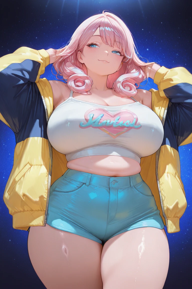 Solo, short beautiful adult women, chubby, tan skin, blue eyes, freckles, short pixie cut hair, messy hair, pink hair, big round glasses, (shiny tan skin), cute, jacket falling off, tik tok yoga pants, heels, open cleavage tank top, visible cleavage, freckles on chest, beauty marks on body,