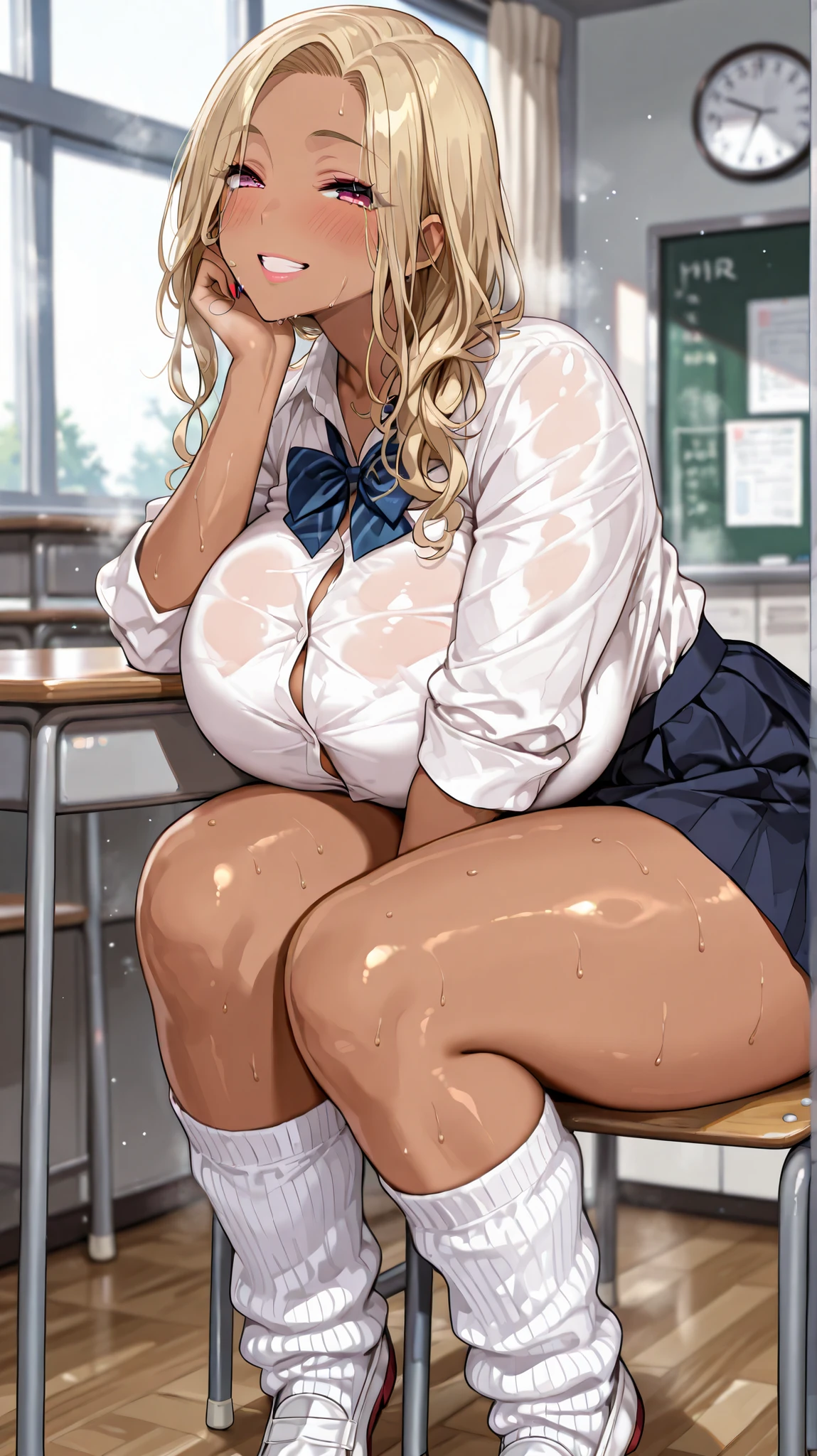 Quality_masterpiece, Anatomically correct,fullbody,Beautiful face, Perfect face, Highly detailed beautiful face and eyes, Attractive face, attractive smile,Attractive lips,Detailed face, Delicate facial features, Detailed skin,1girl,Gigantic breasts, Curvy, Thick thighs, Blurry background, Mature female, blonde hair,Gyaru, milf, Dark-skinned female,high school girl,Hot,classroom,school uniform,loose socks