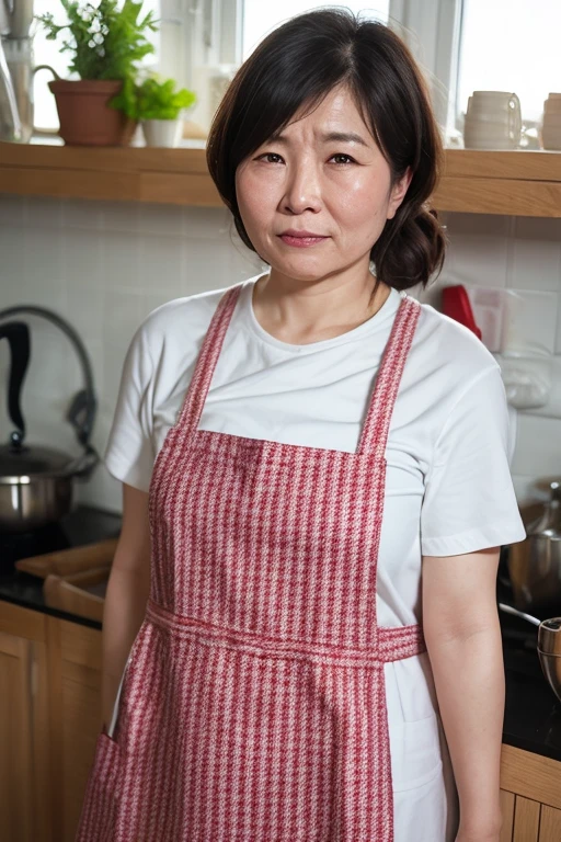 (masterpiece:1.4),(60-year-old woman:1.5),(facial wrinkles 1.2), (hair tied up : 1), A kind smile,maternal, Mature Woman, (white apron : 1.3), (short sleeve collared uniform : 1.2), acnes, skin blemishes, fleckles,(plump arms : 1.3), kitchen