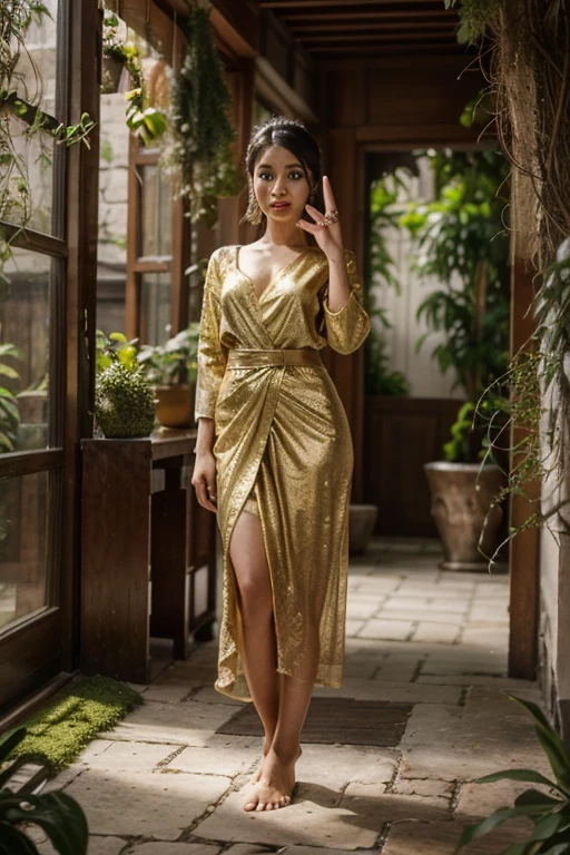 Pooja hedge wearing bodycon dress with glitter, wavy hair, chocker necklace, high heels with glitter, 