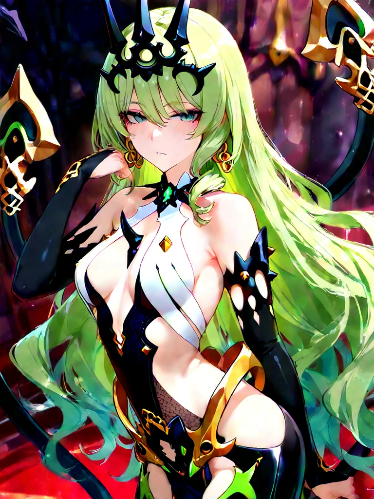masterpiece, Highest quality, One girl, with long flowing iridescent hair in shades of purple, green, Green and, Wearing a shiny black bodysuit, Place one hand on your hip、In the other hand, a light shines, Magic crystal ball. background, A swirl of light and energy、It gives the scene a mysterious and enchanting atmosphere.。. glow 髪, Multicolor Hair