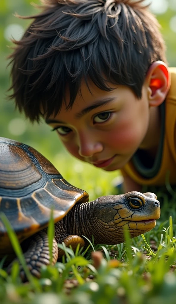 A little boy sitting on turtle, realistic 