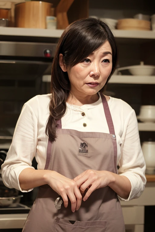 Aunt in Osaka、Organic Photography、best quality、masterpiece、Ultra-high resolution、Beautiful old lady、50 years old、Elegant face,Wear a business shirt,Short skirt,Wearing an apron,Huge sagging chest contour,Wavy Hair、Real skin texture,sideways,Revealing smooth and plump thighs,Kitchen background,Background blur