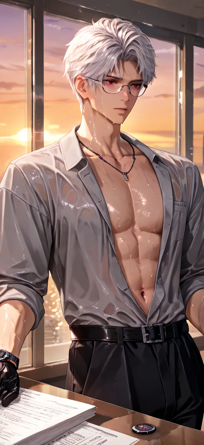 absurdres, highres, ultra detailed, HDR, masterpiece, delicate features, detailed eyes, detailed face, sylus, solo,  man, handsome, sensual, adult version, 28 years, adult face, toned body, athletic body, white hair, short hair, dark red eyes, sweating, wet of sweat, sweat drip, black watch on left hand, black necklace, eyeglasses, (gray shirt with button undone, reveal toned  and navel), black pant with belt, in the office, sit in the table full of document, summer, sunset, parking, model pose