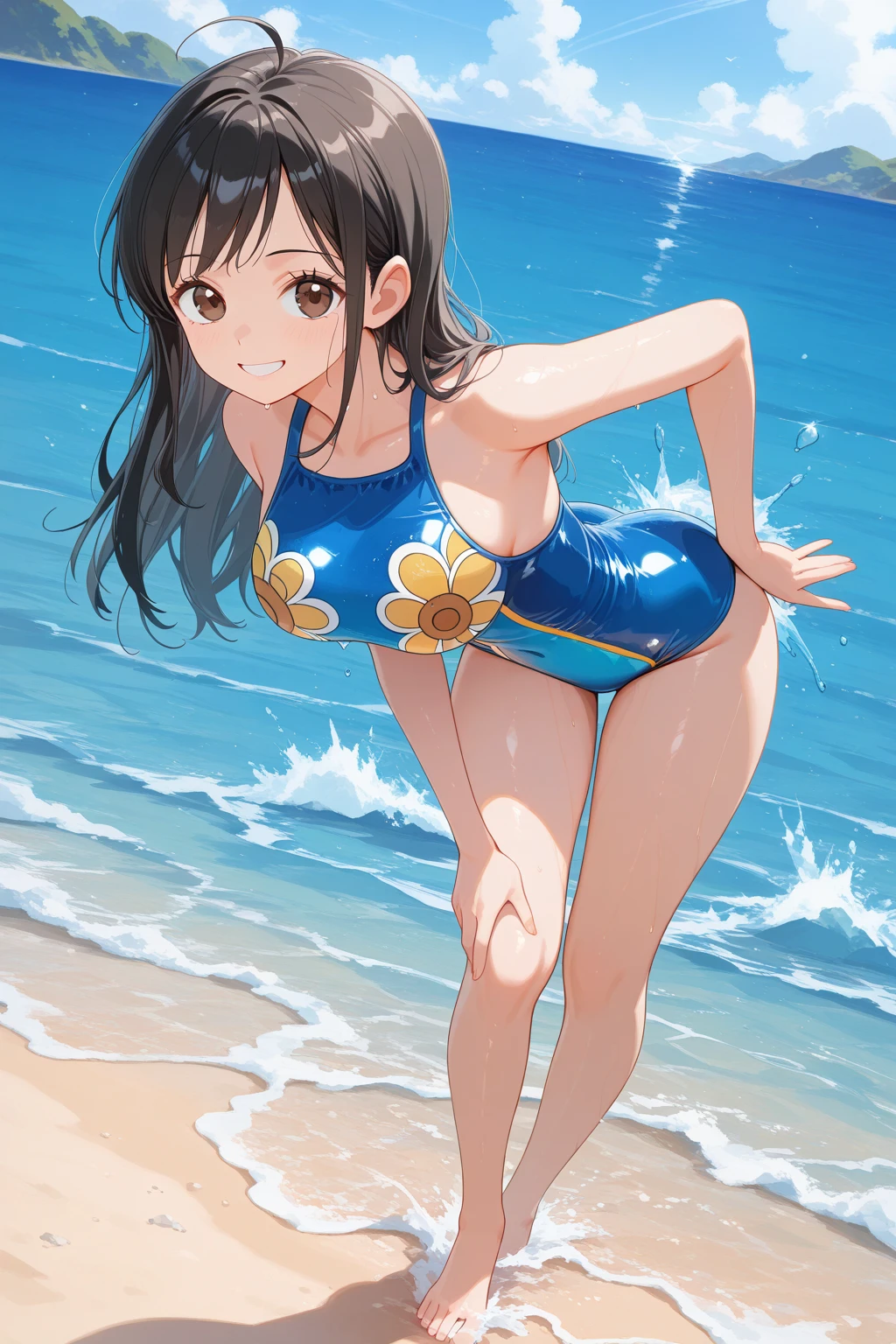 School swim wear、((small tits))、Swim Cap、Low twintail, Blunt bangs, (masutepiece:1.2), (Best Quality), hyper detailed illustration,beautiful artwork,(Extreme Detail CG Unity 8K wallpaper、masterpiece、top-quality)、(exquisite lighting and shadow、highly dramatic picture、cinematic lens effects)、Young woman posing in the sea in school swimsuit, 1girl in, (School Swimsuit:1.3), Solo, onepiece swimsuit, Outdoors, Long hair, Wet, Sun, Looking at Viewer, playing in the water, breasts, Covered navel, skyporn, Water, Black hair, Smile, , (Brown eyes), competition swim suit, day, blush, Small breasts, Bangs, Sunlight, ass visible through thighs, Blue one-piece swimsuit,(Wet:1.2),(Water splash),facing,Dutch Angle,(straggling hair:1.2), Dramatic Horizon,sunlight shining,The story of the braided twins,(From above:1.2),The swimsuit is wet,(Strong sunshine),(Lens Flare),(Tsurime),(Look back),(A big smile),(arched body:1.2),(swswimsuit is wet:1.2),(Sweat),